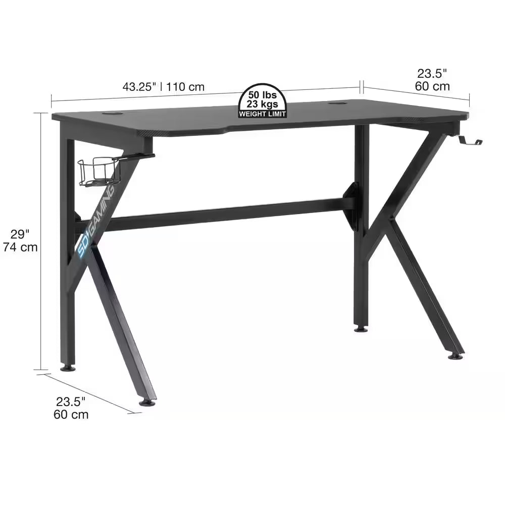 Saga PC 43.25 In. W Black and Black Gaming and Computer Desk with Headphone Hook and Cup Holder