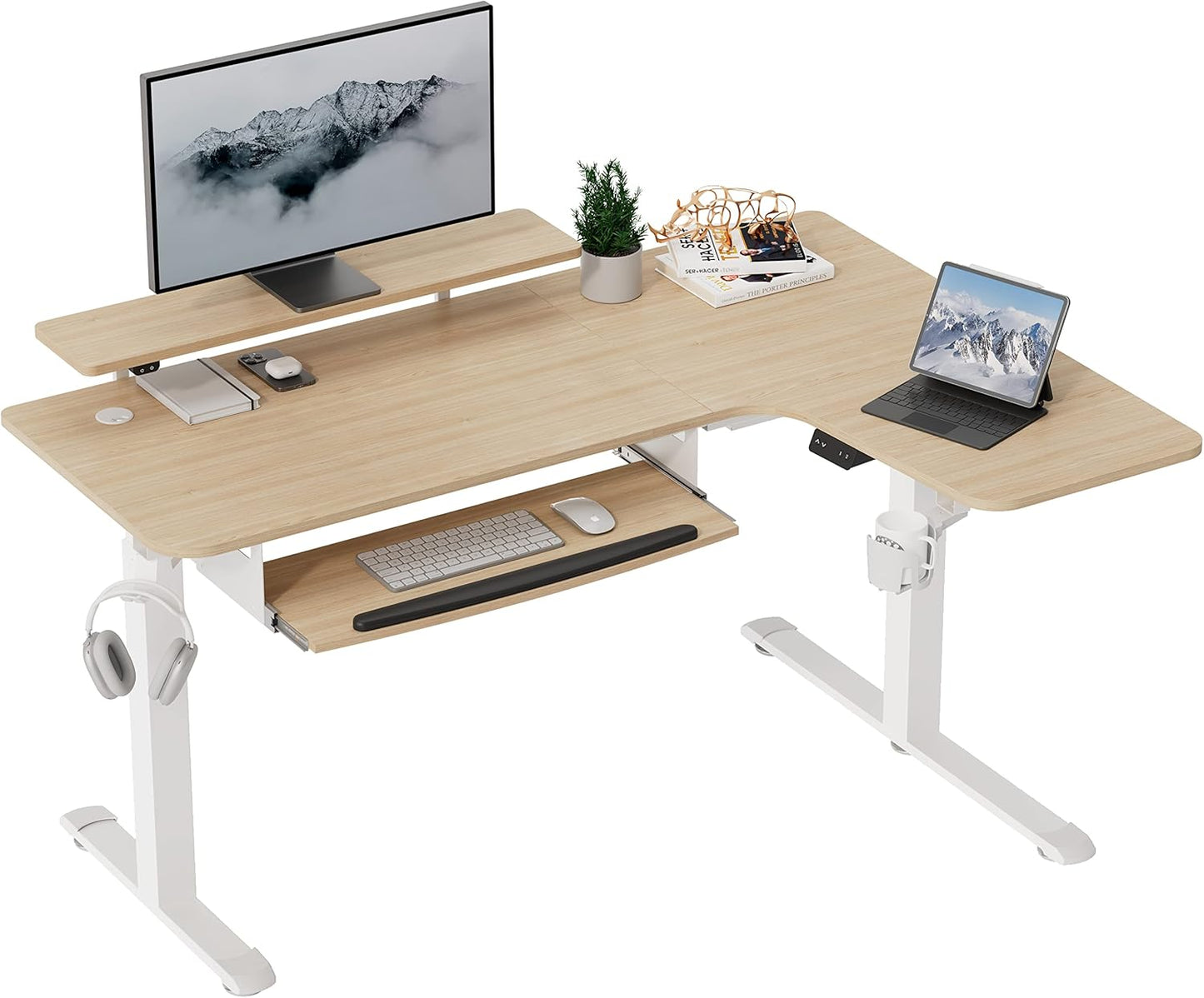 Standing Desk with Keyboard Tray, Computer Desk, 61" L Shaped Electric Adjustable Height Desk W Monitor Stand LED, Corner Sit Stand Desk Gaming Desk, Dual Motor,Left/Rustic Brown