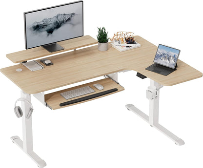 Standing Desk with Keyboard Tray, Computer Desk, 61" L Shaped Electric Adjustable Height Desk W Monitor Stand LED, Corner Sit Stand Desk Gaming Desk, Dual Motor,Left/Rustic Brown