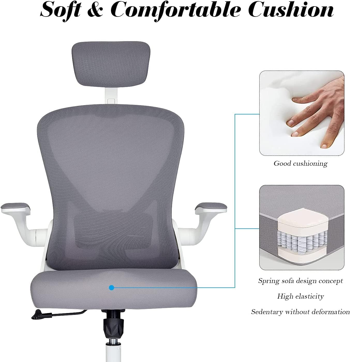 Ergonomic Office Chair, High Back Desk Chair,360-Degree Swivel,Adjustable Height with Flip-Up Arms,Tilt Function,Cushion for Lumbar Support Office Chair (White)