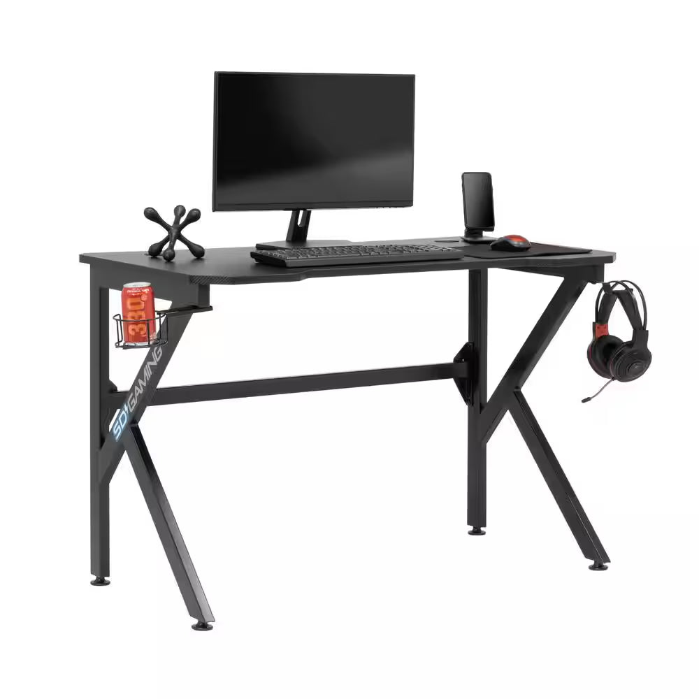 Saga PC 43.25 In. W Black and Black Gaming and Computer Desk with Headphone Hook and Cup Holder