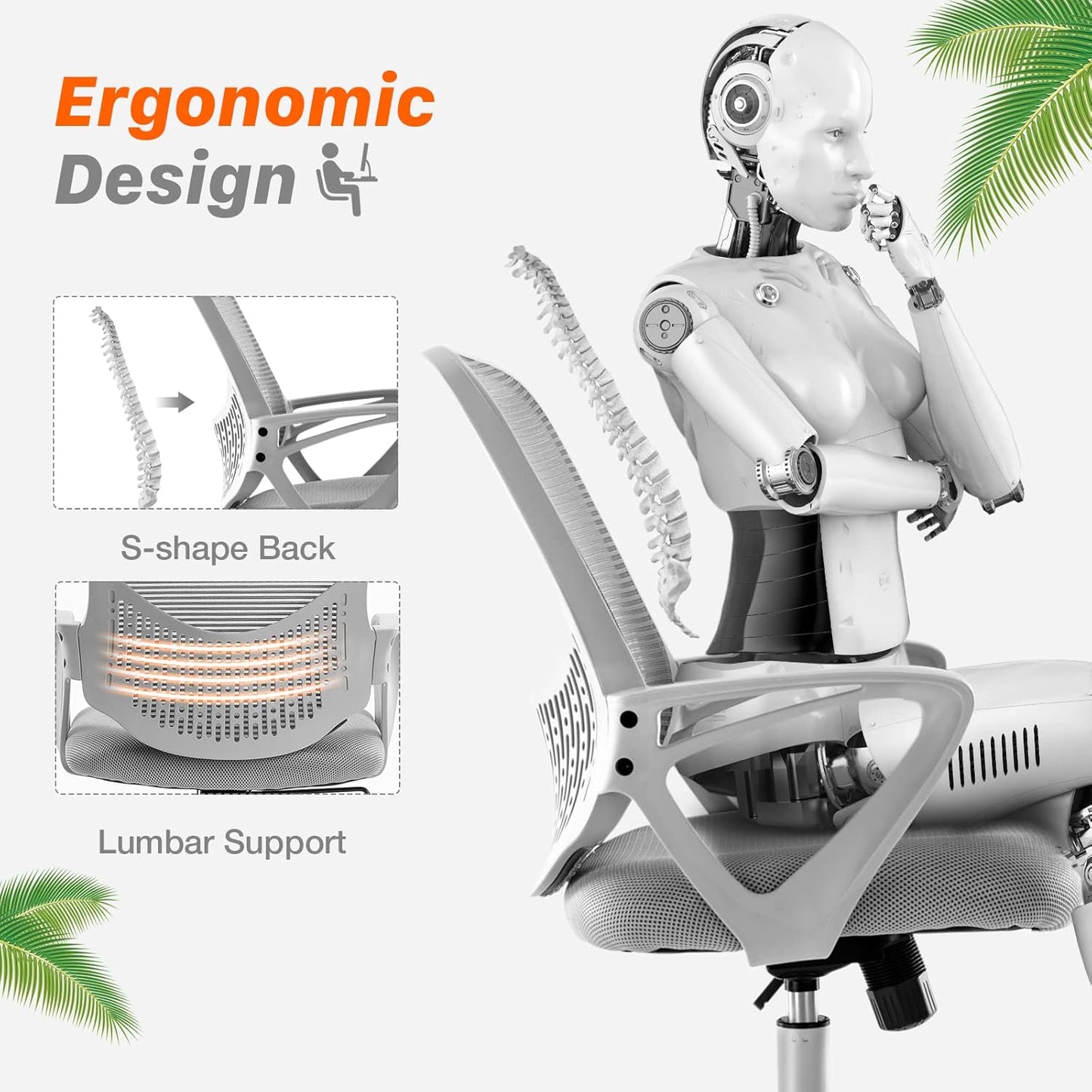 Ergonomic Home Desk Adjustable Armless Computer Lumbar Support, Small Mesh Task Chair with Backrest Swivel Rolling for Study, Office, Conference Room, 17.71D X 18.89W X 39.1H In, Grey