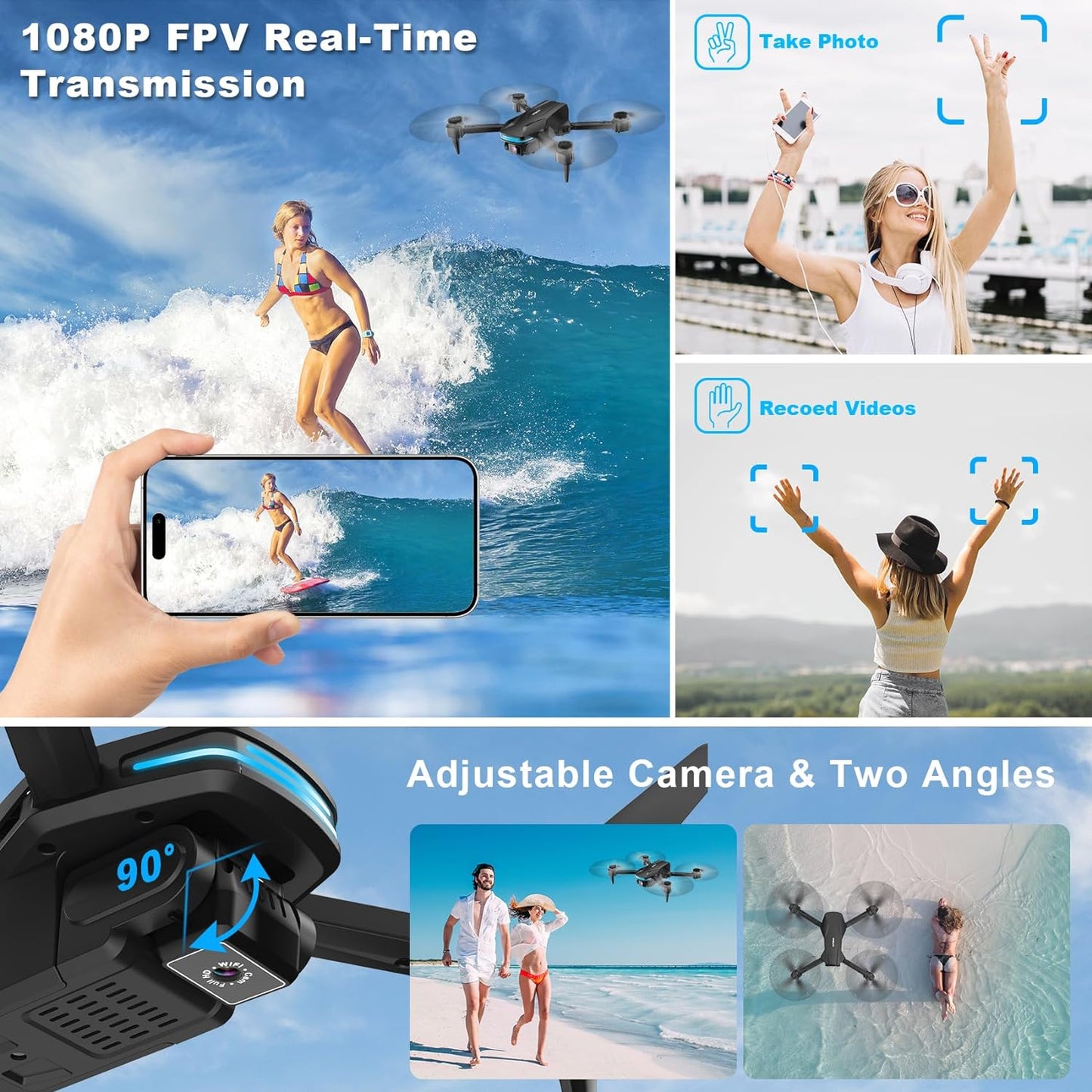 1080P HD FPV Drone– Foldable,Voice Gesture Control with Carrying Case, One Key Take Off/Land, Optical Flow,Waypoint, Fly,360° Flip