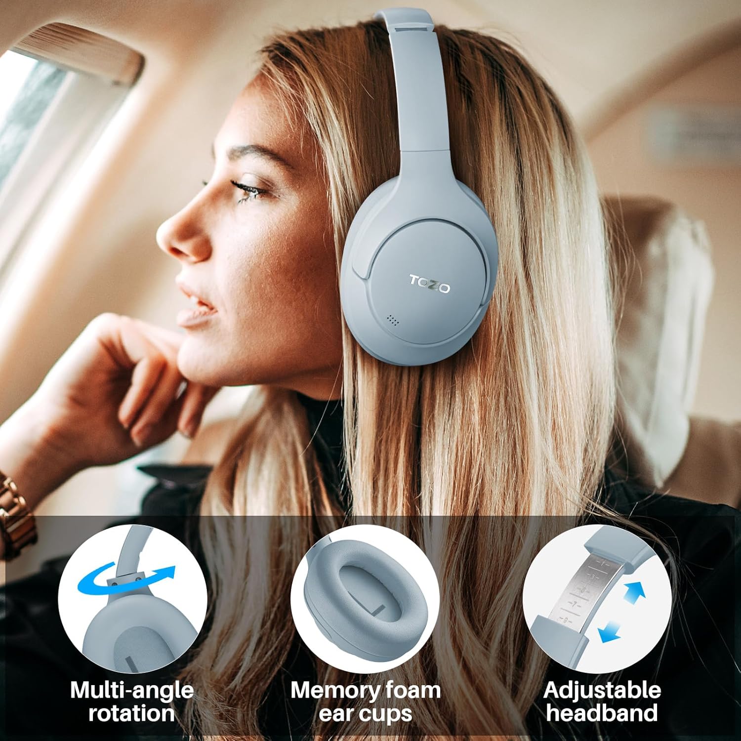 HT2 Hybrid Active Noise Cancelling Headphones, Wireless over Ear Bluetooth Headphones, 60H Playtime, Hi-Res Audio Custom EQ via App Deep Bass Comfort Fit Ear Cups, for Home Office Travel Blue