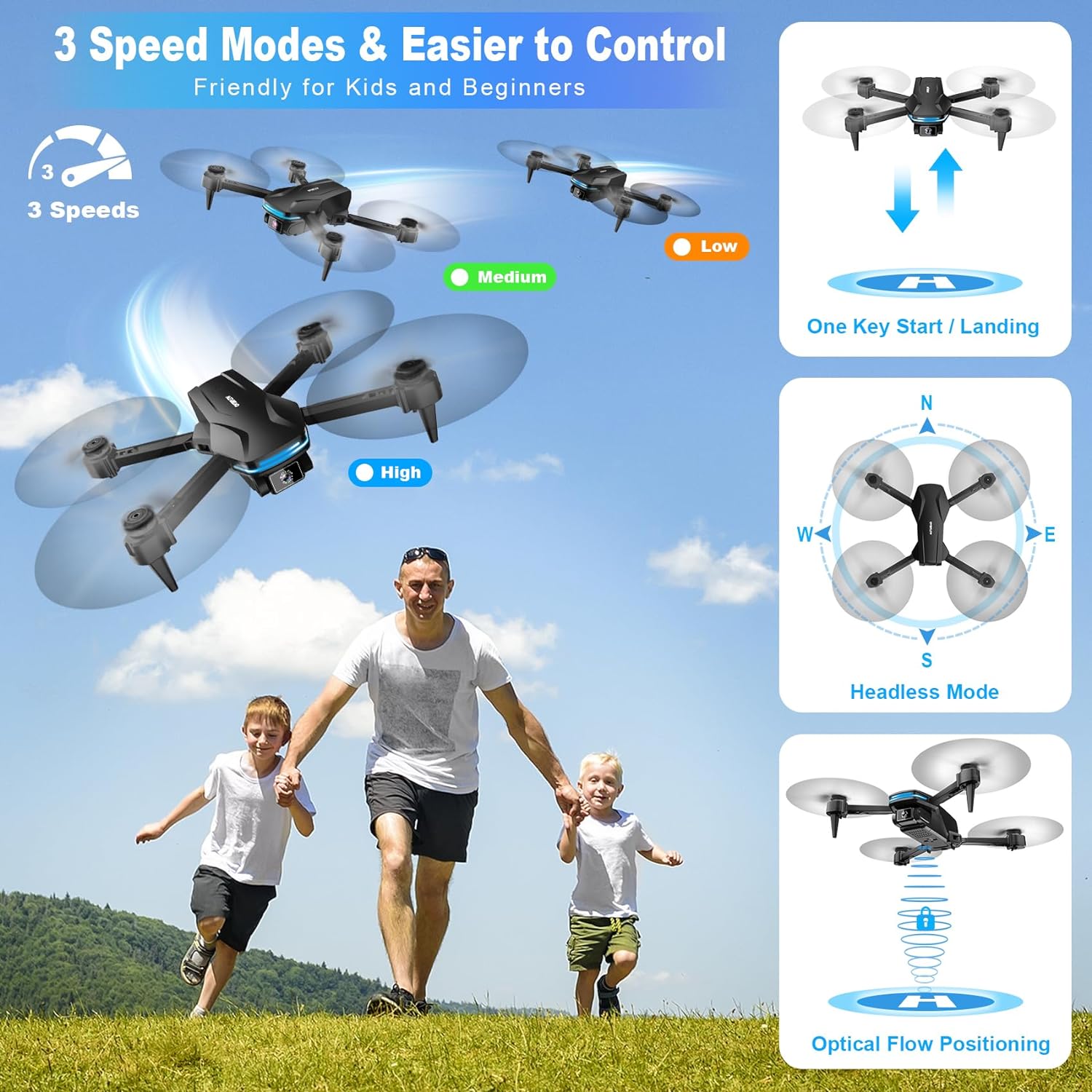 1080P HD FPV Drone– Foldable,Voice Gesture Control with Carrying Case, One Key Take Off/Land, Optical Flow,Waypoint, Fly,360° Flip