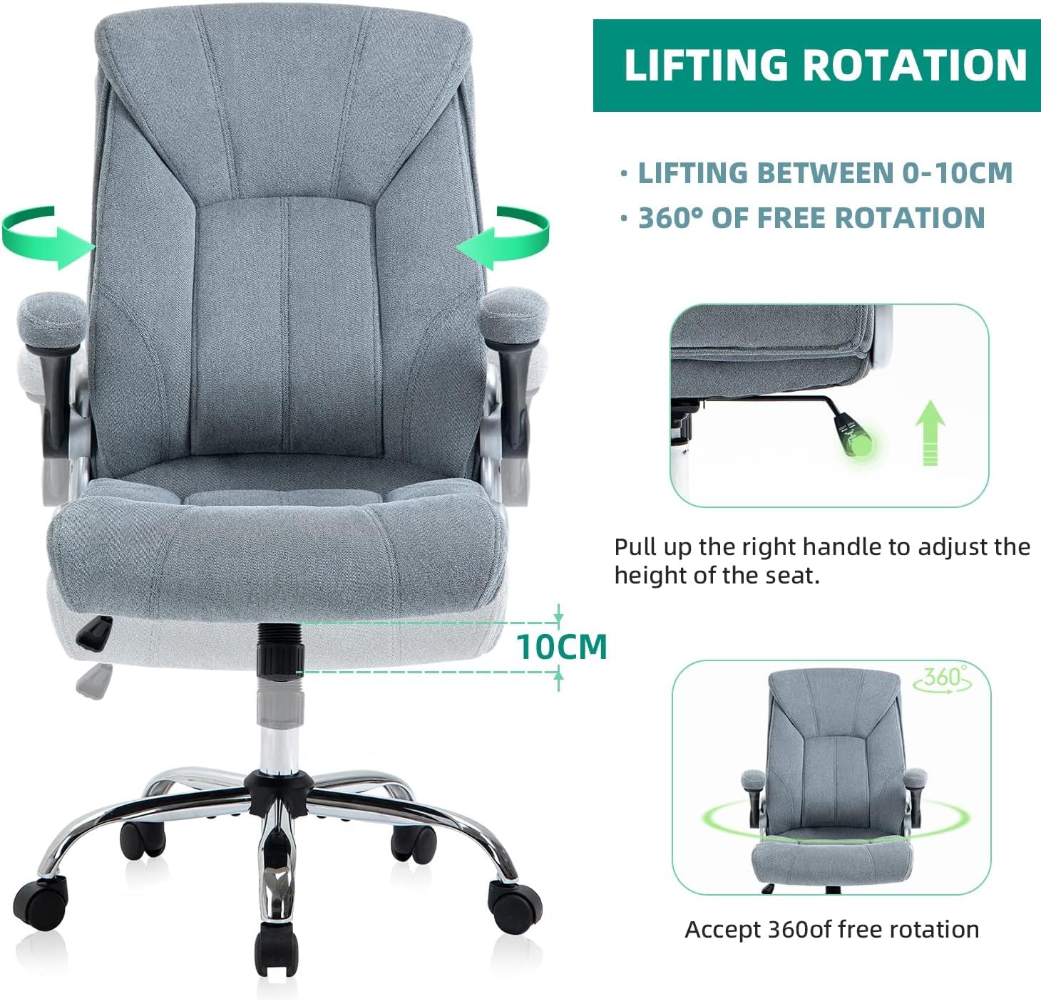 Executive Office Chair,Ergonomic Chair with Flip up Arms Lumbar Support and Wheels,Comfortable Computer Desk Chair Swivel Task Chair, Gray