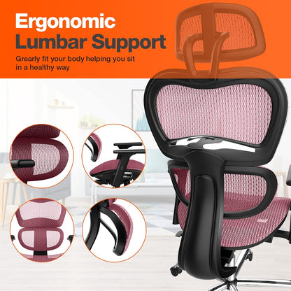 S-1388-Rd Ergonomic, High Back Desk Adjustable Headrest Armrests, Breathable Mesh Chair with Lumbar Support and Tilt Function Gaming Home Office, Red