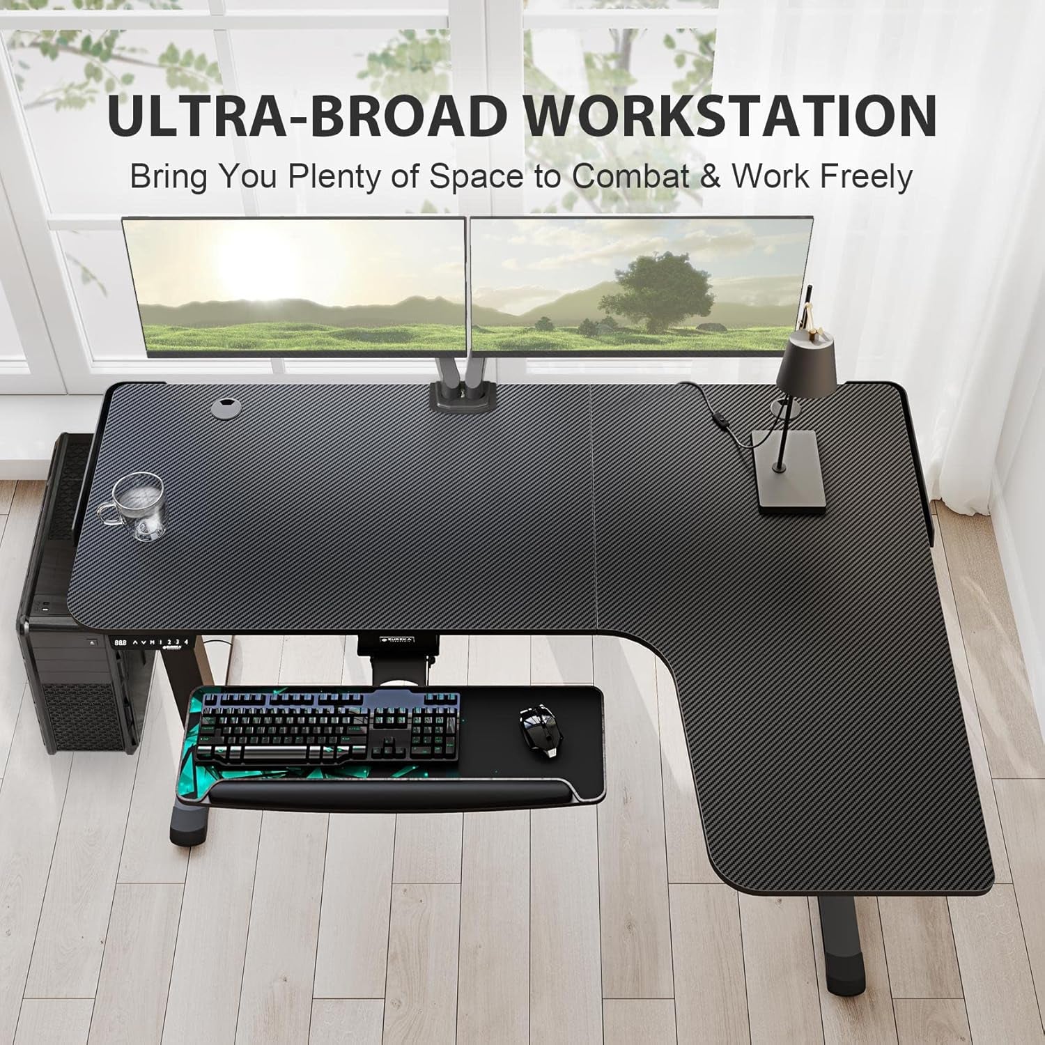 61" L Shape Dual Motor Electric Height Adjustable Standing Desk with Keyboard Tray, Sit Stand up Home Office Corner Rising Computer Gaming Table W Memory Preset Large Mousepad, Right