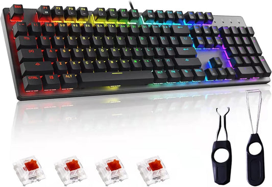 PC Gaming Keyboards RGB Backlit Mechanical Keyboard ABS Keycap Programmable Macro Detachable USB Wired Keyboard for Windows PC (104 Keys Red Switch)