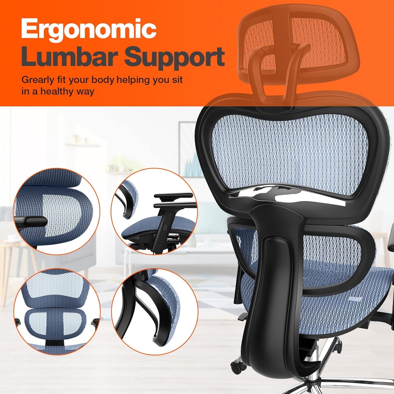 Office Chair, Ergonomic Office Chair, High Back Home Office Desk Chairs with Adjustable Headrest Armrests, Breathable Mesh Office Chair with Lumbar Support and Tilt Function, Blue