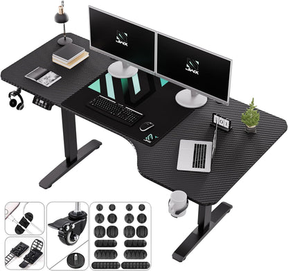 Standing Adjustable Desk, 63 Inches L Shaped Electric Standing Gaming Desk with Locking Wheels, Cup Holder, Headphone Hook, Cable Manager, Mouse Pad, Carbon Fiber Textured Pane