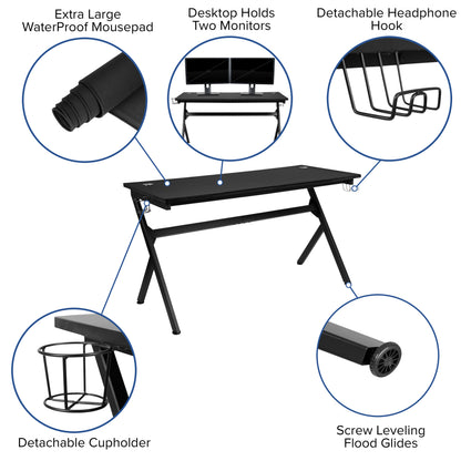 Black/Gray Gaming Desk Bundle - Cup/Headset Holder/Mouse Pad Top