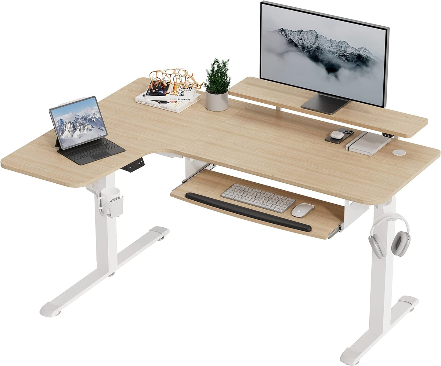 Standing Desk with Keyboard Tray, Computer Desk, 61" L Shaped Electric Adjustable Height Desk W Monitor Stand LED, Corner Sit Stand Desk Gaming Desk, Dual Motor,Left/Rustic Brown