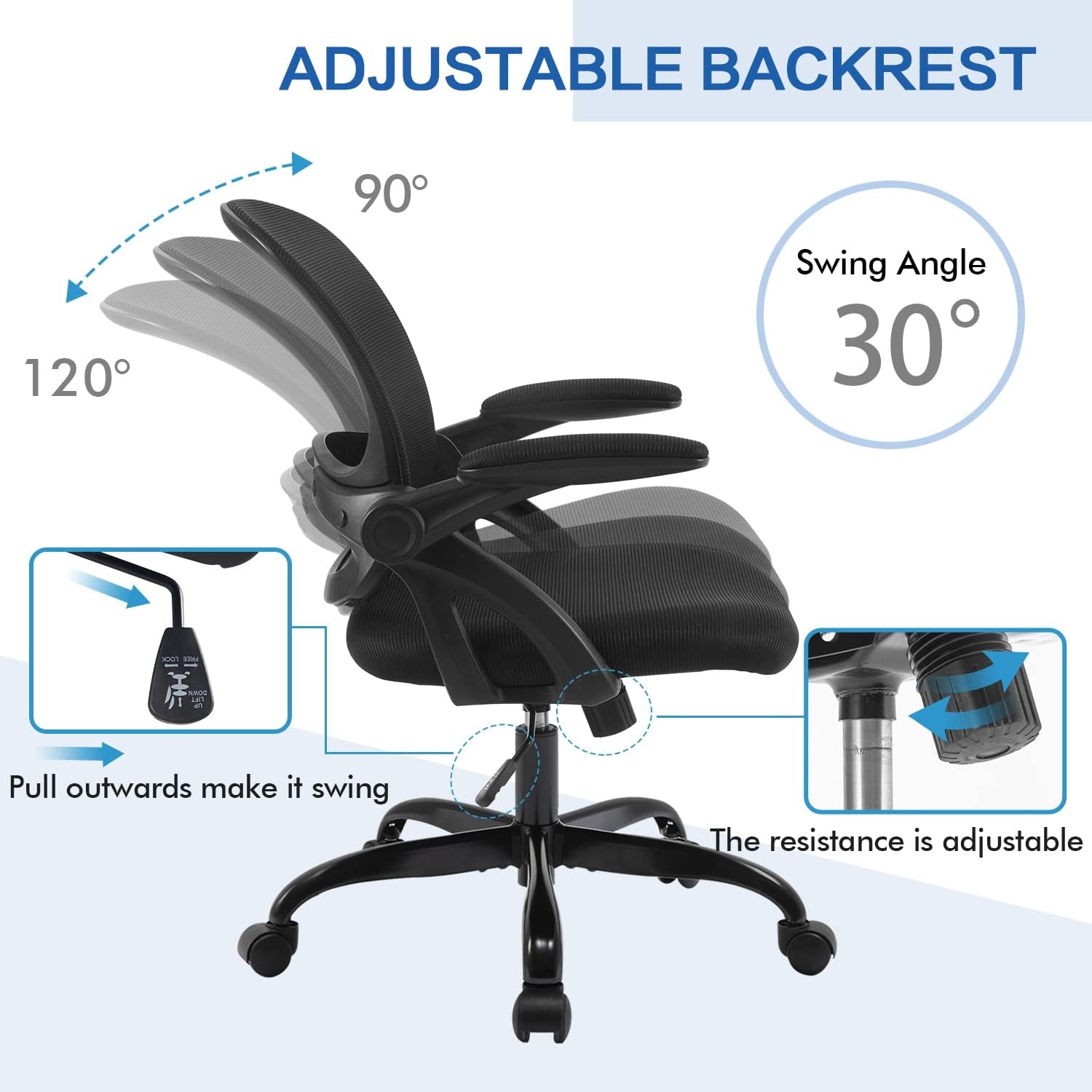 Office Chair, Ergonomic Desk Chair, Breathable Mesh Computer Chair Swivel Home Desk Gaming Chair with Wheels and Flip-Up Armrests, Adjustable Height for Conference Room (Black)