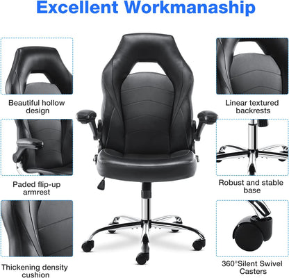 Gaming Chair - Office Chair Desk Chairs with Wheels Computer Chair with Flip-Up Armrest and Height Adjustable Swivel Chair Splicing PU Leather Chair Home Office Chair with Lumbar Support