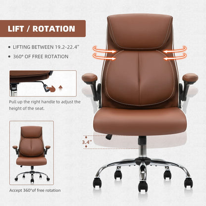 Ergonomic Office Chair High Back Comfortable Desk Chairs with Wheels and Flip-Up Arms Leather Computer Lumbar Support,Brown… 20.5D X 19.5W X 45.3H In