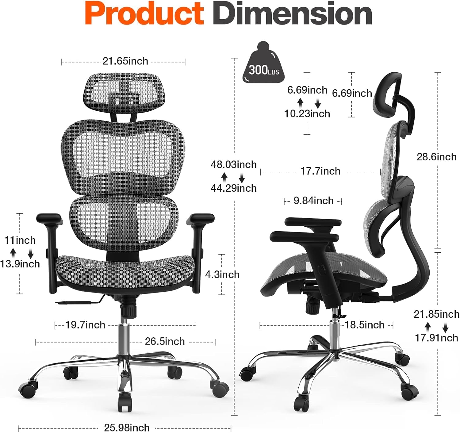 Office Chair, Ergonomic Office Chair, High Back Home Office Desk Chairs with Adjustable Headrest Armrests, Breathable Mesh Office Chair with Lumbar Support and Tilt Function, Black