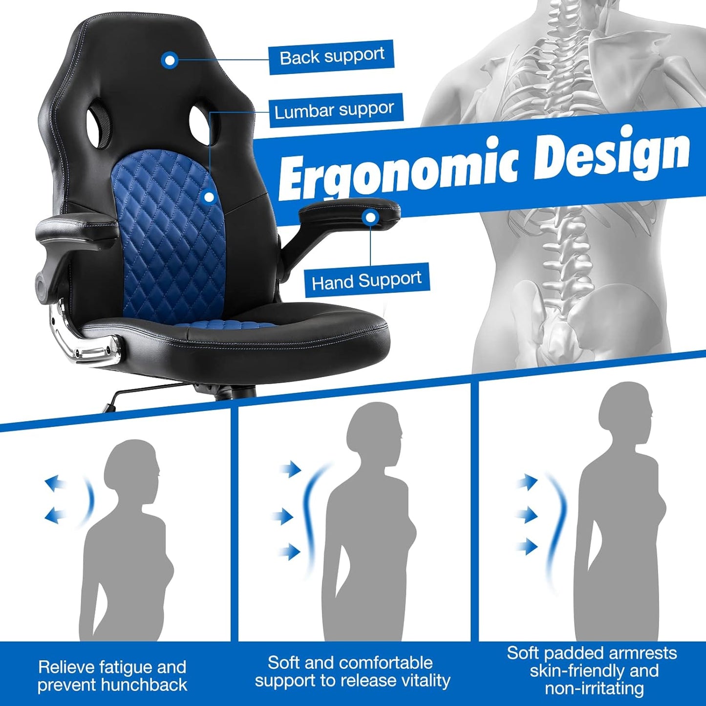 Gaming Ergonomic Office Desk Flip-Up Armrests and Lumbar Support PU Leather Executive Mid Back Computer Chair for Adults, Blue