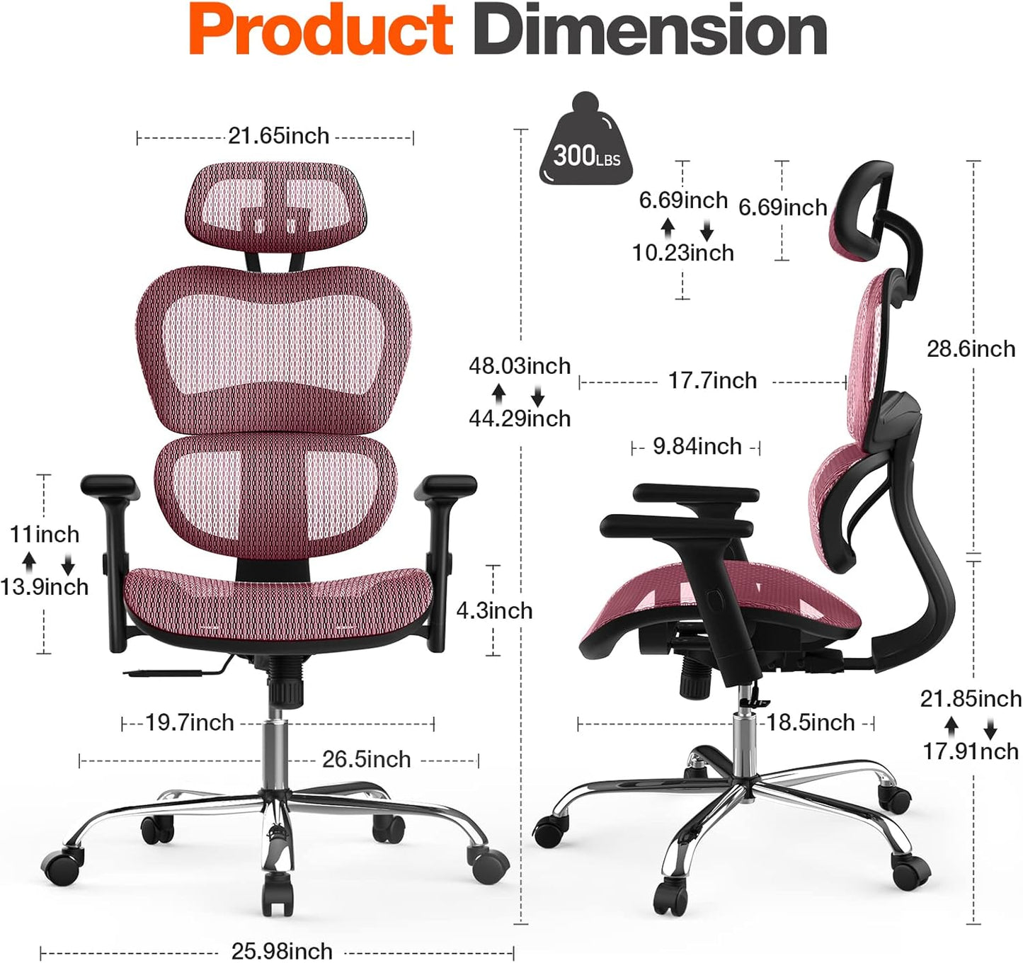 S-1388-Rd Ergonomic, High Back Desk Adjustable Headrest Armrests, Breathable Mesh Chair with Lumbar Support and Tilt Function Gaming Home Office, Red