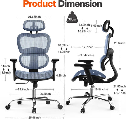 Office Chair, Ergonomic Office Chair, High Back Home Office Desk Chairs with Adjustable Headrest Armrests, Breathable Mesh Office Chair with Lumbar Support and Tilt Function, Blue