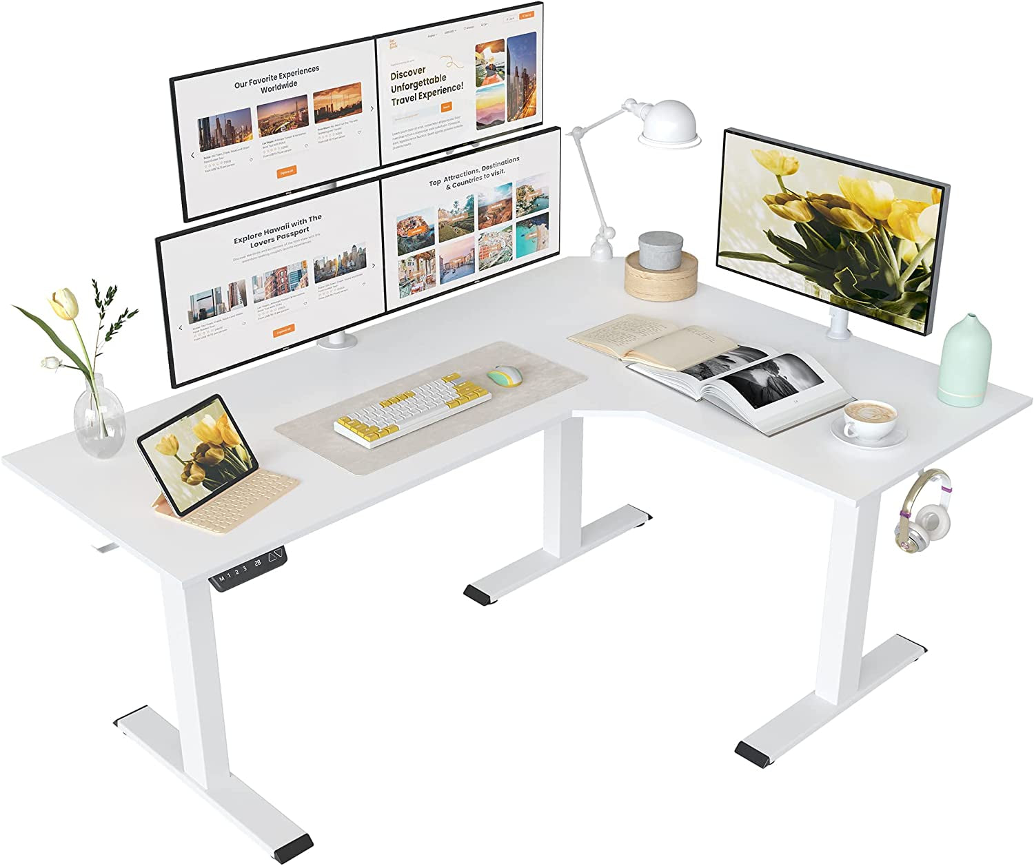 Triple Motor L-Shaped Electric Standing Desk, 63 Inches Height Adjustable Stand up Corner Desk, Sit Stand Workstation with Splice Board, White Frame/White Top