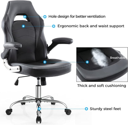 Gaming Chair, Racing Style Bonded Leather Gamer Chair, Ergonomic Office Chair Computer Desk Executive Chair, with Adjustable Height and Flip-Up Arms, Gaming Chair for Adults Teens Kids Men Women