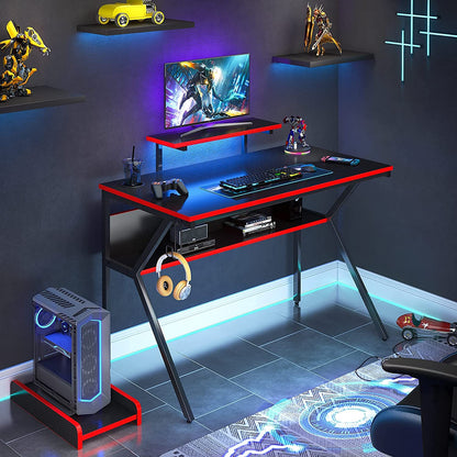 44" K-Shaped Gaming Desk with Led Light CPU Stand Carbon Fiber RGB Computer Desk with Bookshelf Student PC Writing Study Table for Home Office Sturdy, Black/Red