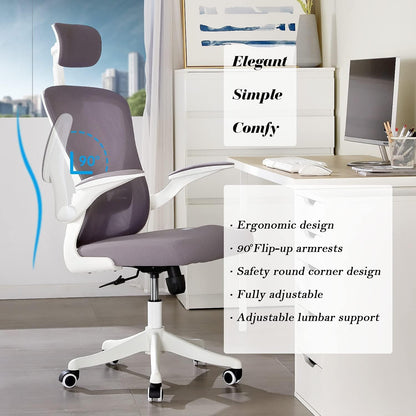 Ergonomic Office Chair, High Back Desk Chair,360-Degree Swivel,Adjustable Height with Flip-Up Arms,Tilt Function,Cushion for Lumbar Support Office Chair (White)