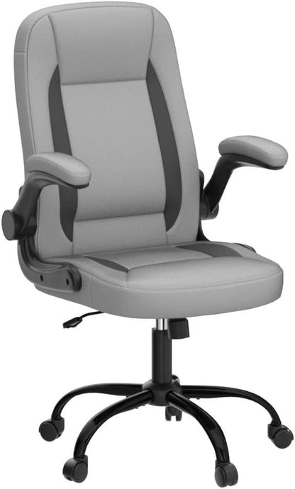 High Back Computer Office Desk Chair with Flip up Arms and Wheels Leather Swivel Comfy Modern Chair for Teens Adults, Gray