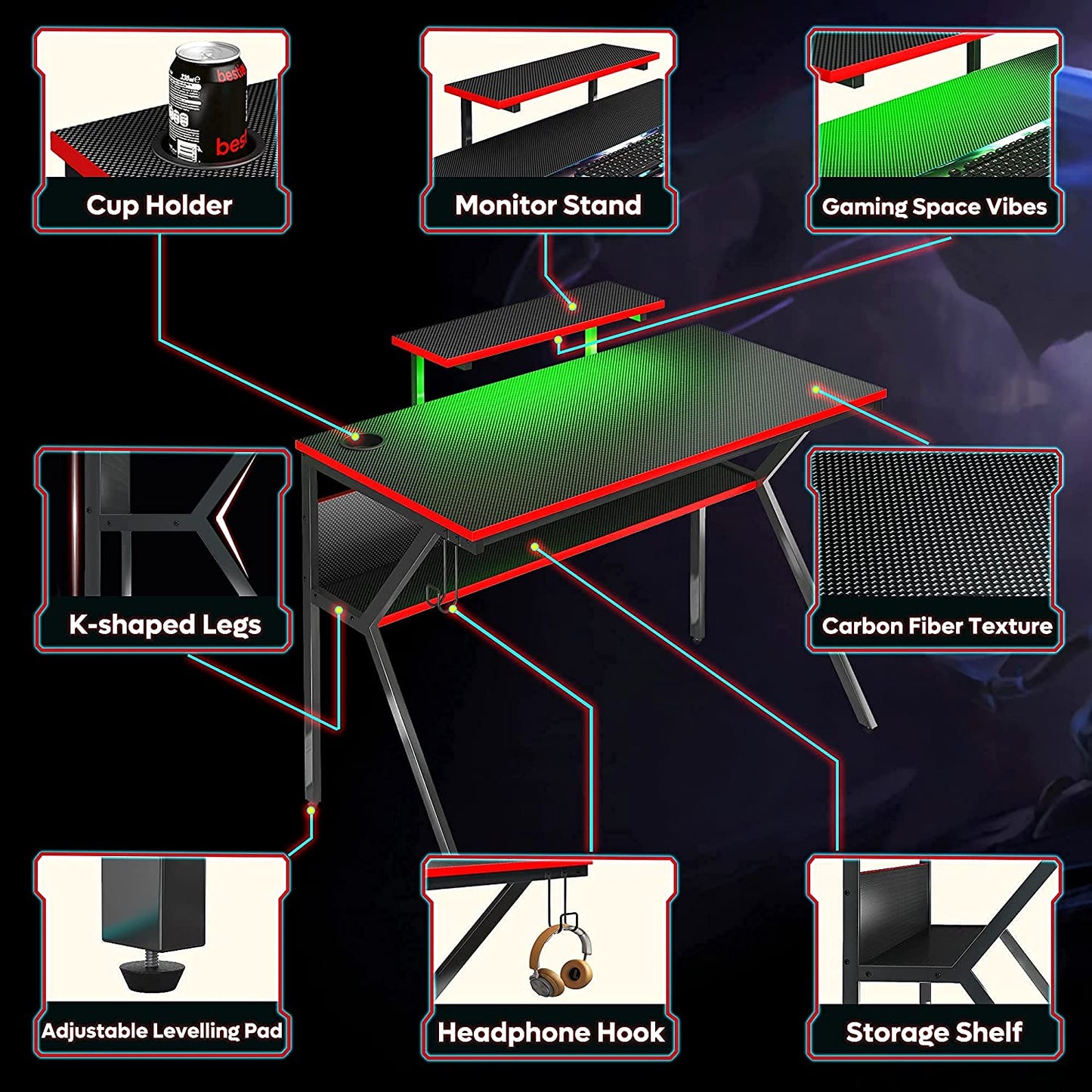 44" K-Shaped Gaming Desk with Led Light CPU Stand Carbon Fiber RGB Computer Desk with Bookshelf Student PC Writing Study Table for Home Office Sturdy, Black/Red