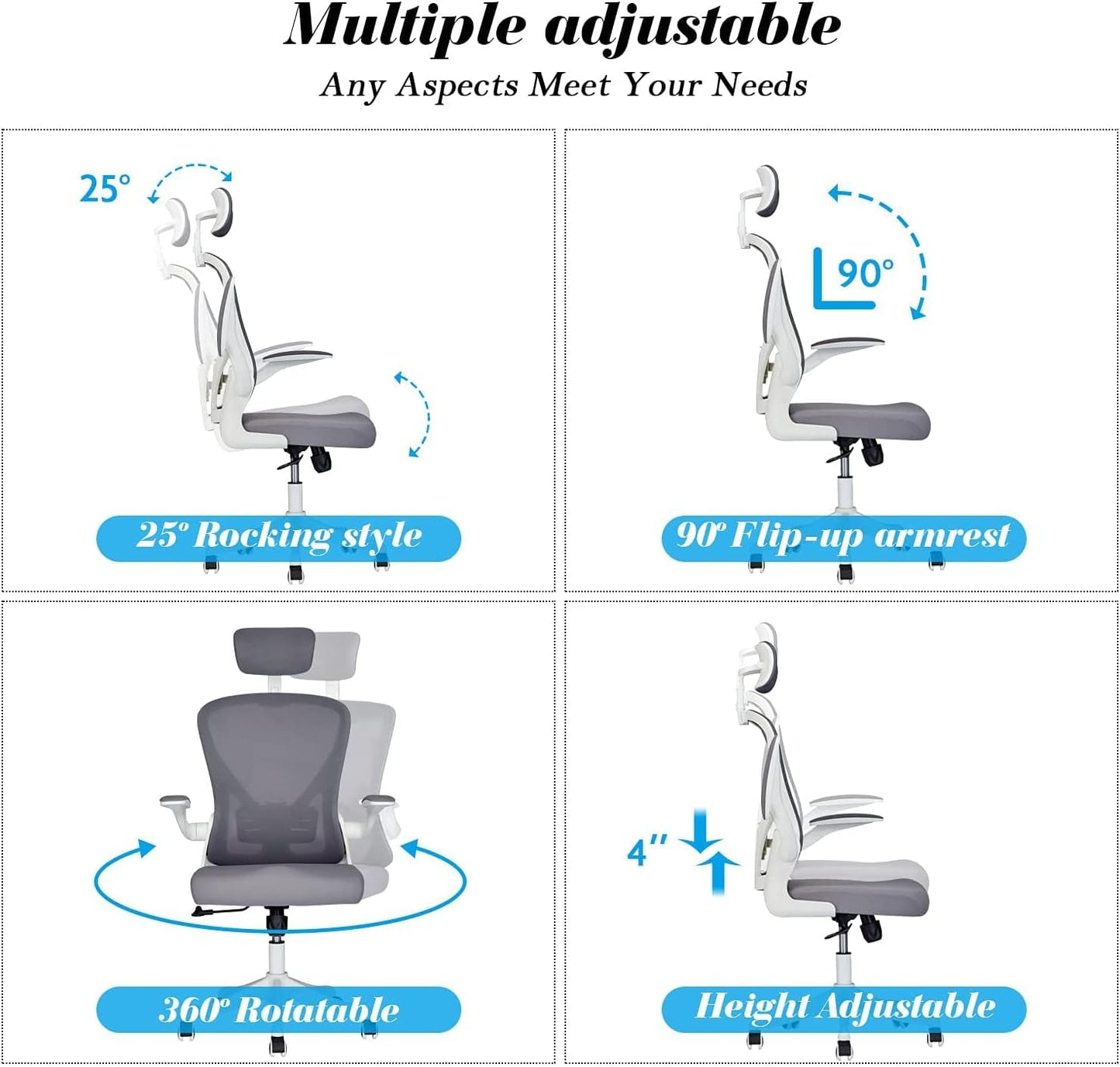 Ergonomic Office Chair, High Back Desk Chair,360-Degree Swivel,Adjustable Height with Flip-Up Arms,Tilt Function,Cushion for Lumbar Support Office Chair (White)