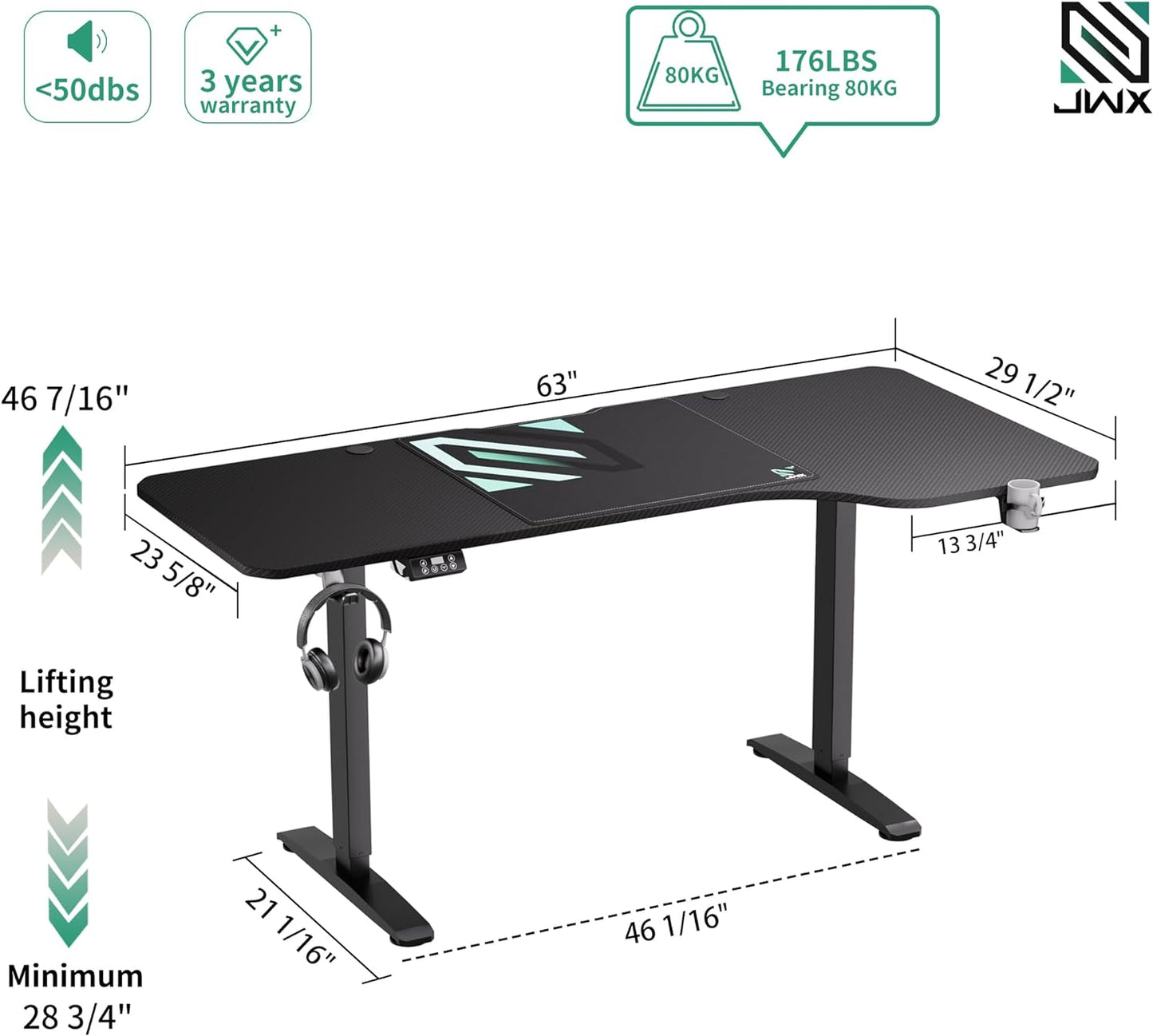 Standing Adjustable Desk, 63 Inches L Shaped Electric Standing Gaming Desk with Locking Wheels, Cup Holder, Headphone Hook, Cable Manager, Mouse Pad, Carbon Fiber Textured Pane