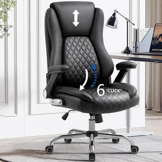 Executive Office Chairs Comfortable Ergonomic Desk Chair with Flip-Up Armrests - Adjustable Headrest, Tilt and Lumbar Support - Black Bonded Leather