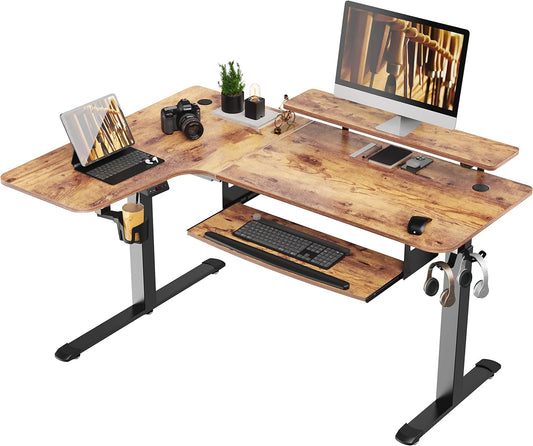 Standing Desk with Keyboard Tray, Computer Desk, 61" L Shaped Electric Adjustable Height Desk W Monitor Stand LED, Corner Sit Stand Desk Gaming Desk, Dual Motor,Left/Rustic Brown