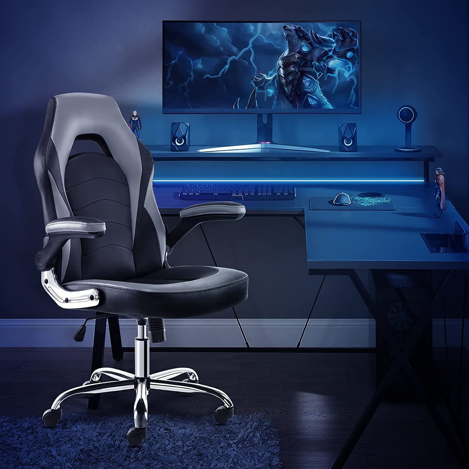 Gaming Chair - Office Chair Desk Chairs with Wheels Computer Chair with Flip-Up Armrest and Height Adjustable Swivel Chair Splicing PU Leather Chair Home Office Chair with Lumbar Support