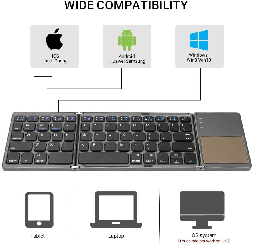 Foldable Bluetooth Keyboard, Tri- Folding Portable Wireless Keyboard with Touchpad, USB Rechargable BT Wireless Keyboard for Android, Windows System Laptop Tablet Smartphone Device(Gray)