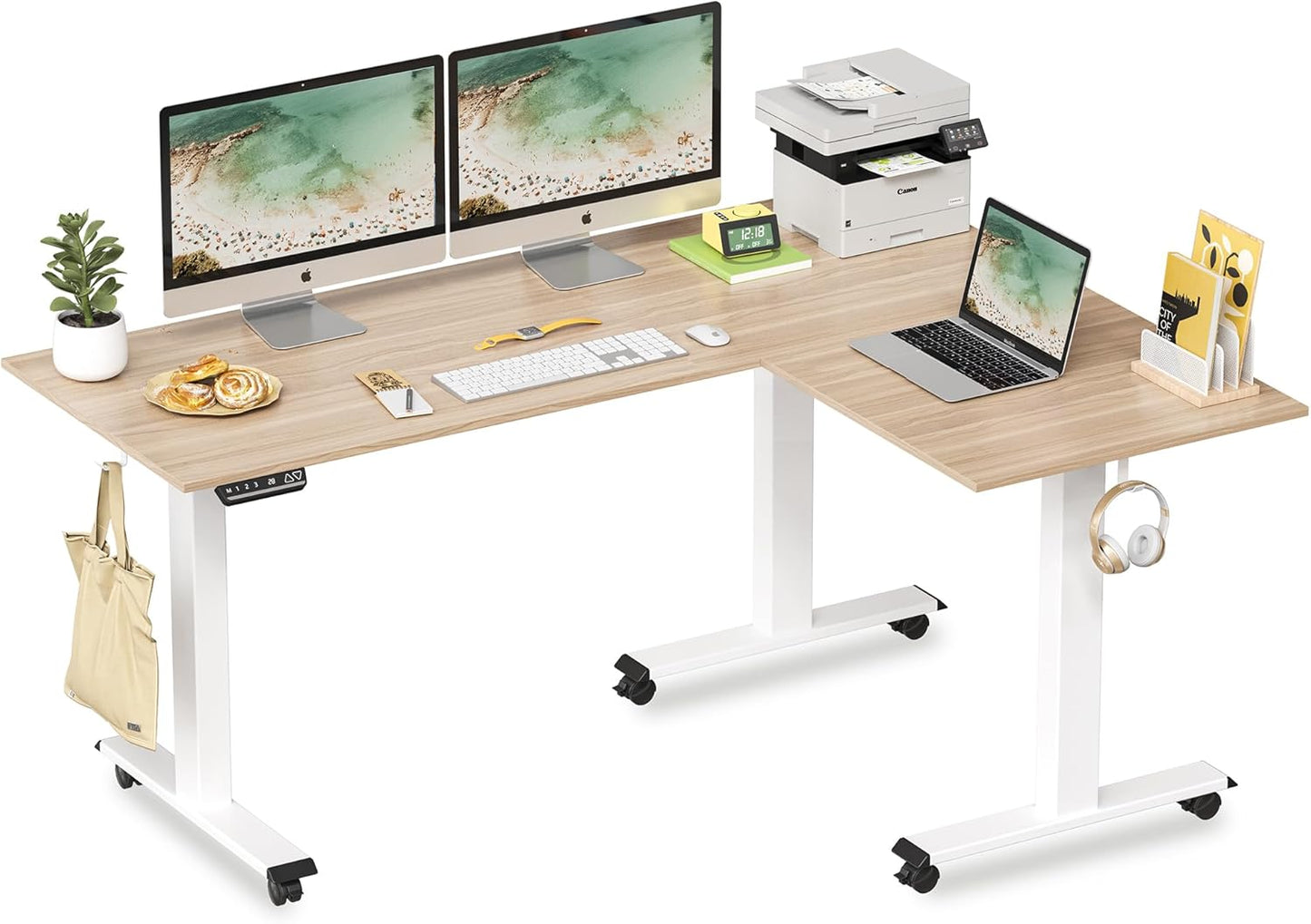 Triple Motor L-Shaped Electric Standing Desk, 63 Inches Height Adjustable Stand up Corner Desk, Sit Stand Workstation with Splice Board, White Frame/White Top