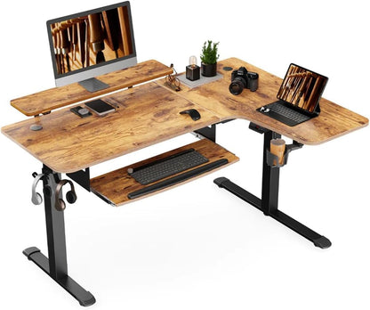 Standing Desk with Keyboard Tray, Computer Desk, 61" L Shaped Electric Adjustable Height Desk W Monitor Stand LED, Corner Sit Stand Desk Gaming Desk, Dual Motor,Left/Rustic Brown