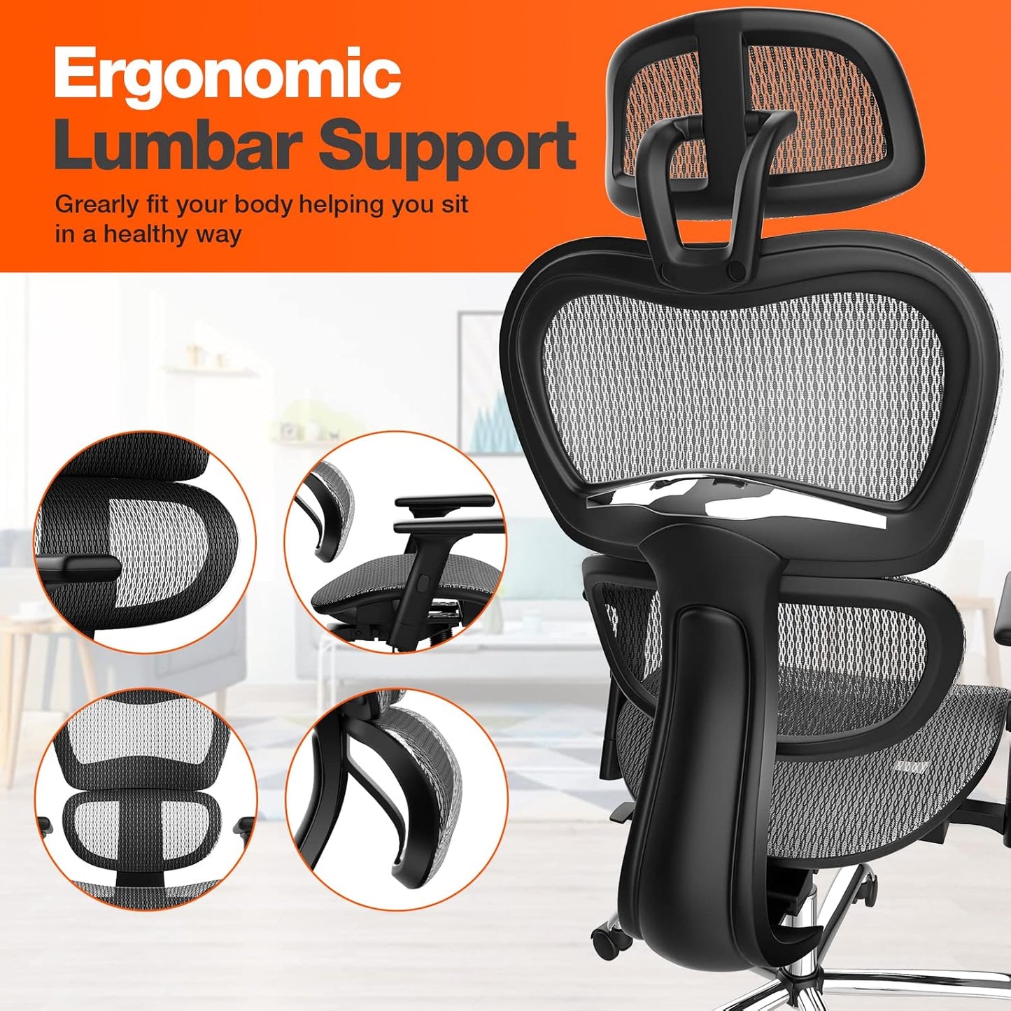 Office Chair, Ergonomic Office Chair, High Back Home Office Desk Chairs with Adjustable Headrest Armrests, Breathable Mesh Office Chair with Lumbar Support and Tilt Function, Black