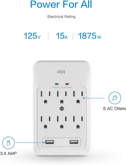 6-Outlet Surge Tap, 2 USB Ports (3.4A), 980 Joules Surge Protector, White