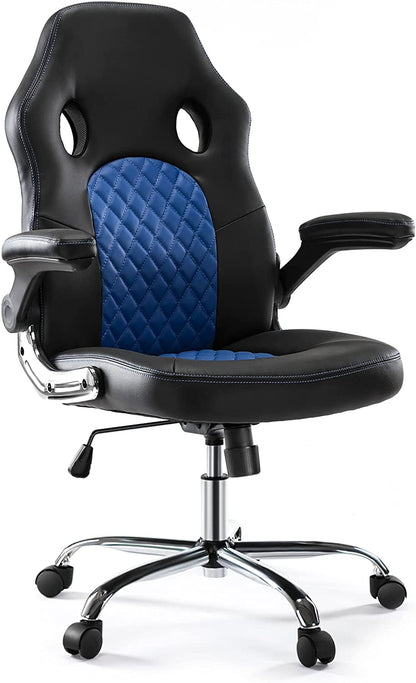 Gaming Ergonomic Office Desk Flip-Up Armrests and Lumbar Support PU Leather Executive Mid Back Computer Chair for Adults, Blue