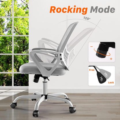 Ergonomic Home Desk Adjustable Armless Computer Lumbar Support, Small Mesh Task Chair with Backrest Swivel Rolling for Study, Office, Conference Room, 17.71D X 18.89W X 39.1H In, Grey