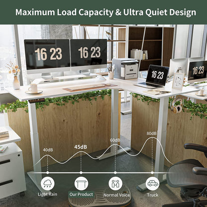 Triple Motor L-Shaped Electric Standing Desk, 63 Inches Height Adjustable Stand up Corner Desk, Sit Stand Workstation with Splice Board, White Frame/White Top