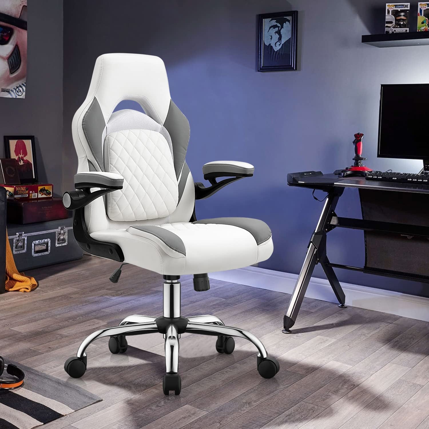 Gaming Chair Ergonomic Office Chair PC Desk Chair with Lumbar Support Flip up Arms Racing Style PU Leather Executive Computer Chair for Adults,Grey