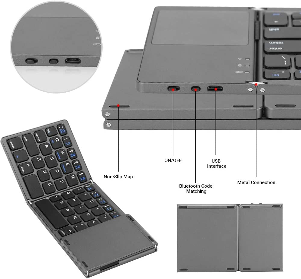 Foldable Bluetooth Keyboard, Tri- Folding Portable Wireless Keyboard with Touchpad, USB Rechargable BT Wireless Keyboard for Android, Windows System Laptop Tablet Smartphone Device(Gray)