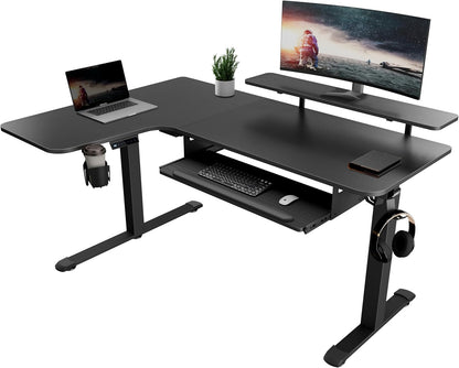 Standing Desk with Keyboard Tray, Computer Desk, 61" L Shaped Electric Adjustable Height Desk W Monitor Stand LED, Corner Sit Stand Desk Gaming Desk, Dual Motor,Left/Rustic Brown