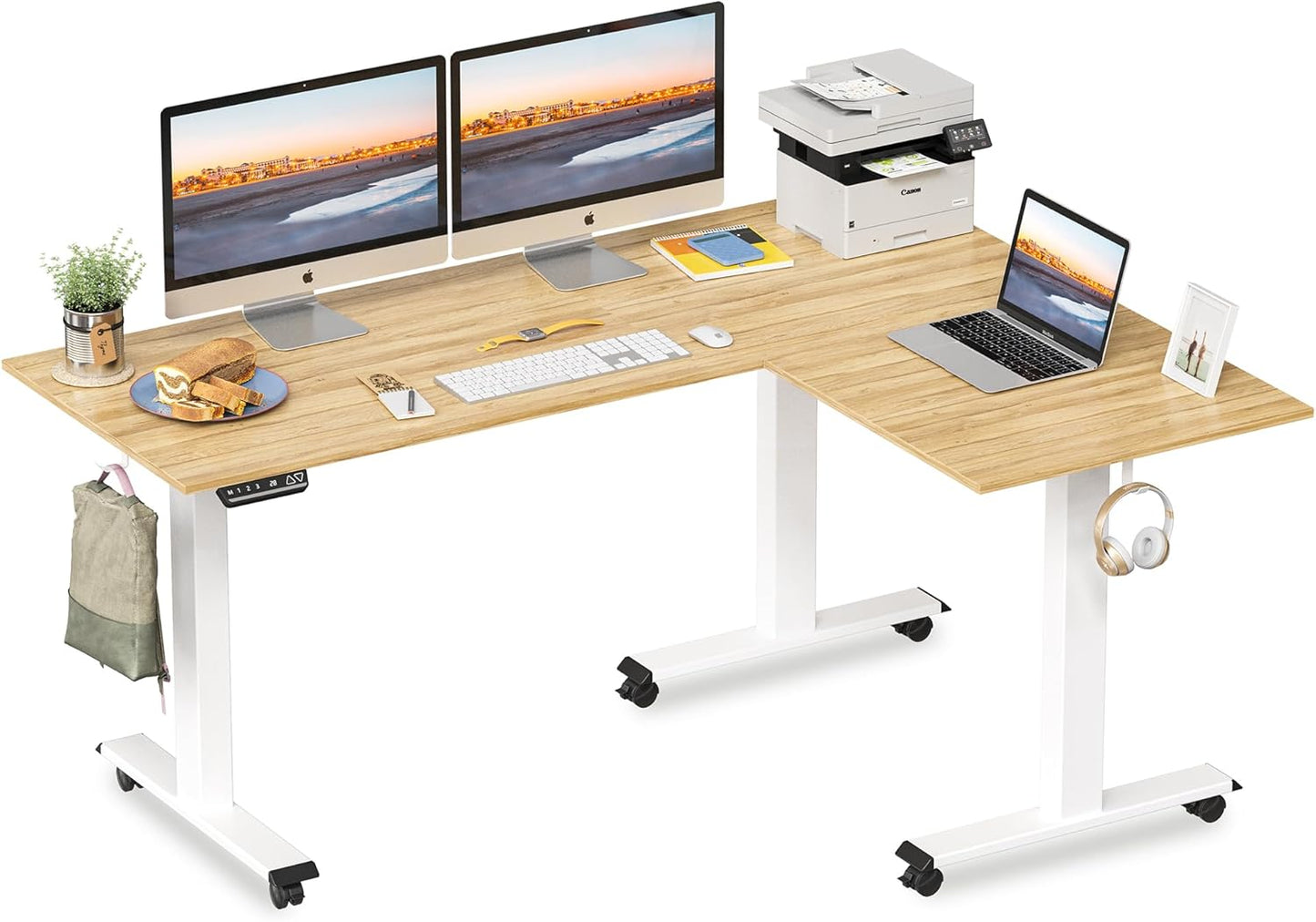 Triple Motor L-Shaped Electric Standing Desk, 63 Inches Height Adjustable Stand up Corner Desk, Sit Stand Workstation with Splice Board, White Frame/White Top