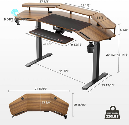 Standing Desk Electric Adjustable Height Desk, Computer Desk with Keyboard Tray 72" Gaming Desk Music Studio Desk Sit Stand up Desk LED Convertible Shelf,Dual Motor,Slot Design,Walnut