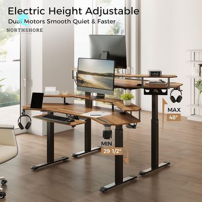 Standing Desk Electric Adjustable Height Desk, Computer Desk with Keyboard Tray 72" Gaming Desk Music Studio Desk Sit Stand up Desk LED Convertible Shelf,Dual Motor,Slot Design,Walnut