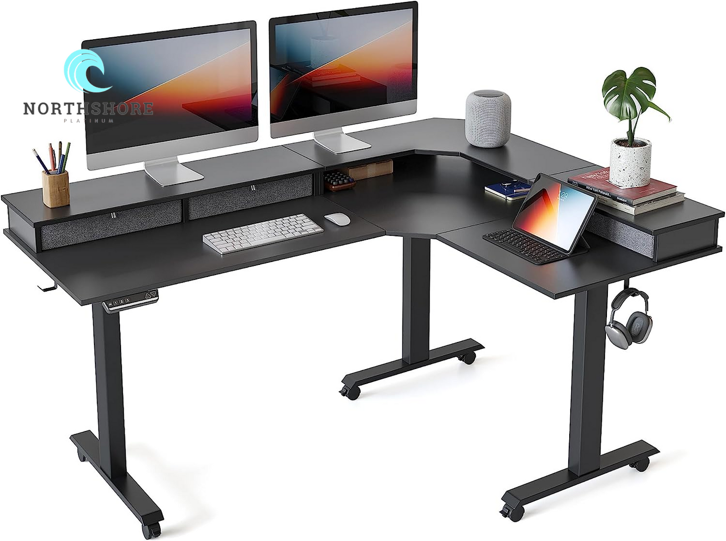 Triple Motor 63" L Shaped Standing Desk with 3 Drawers, Electric Standing Gaming Desk Adjustable Height, Corner Stand up Desk with Splice Board, Black Frame/Black Top